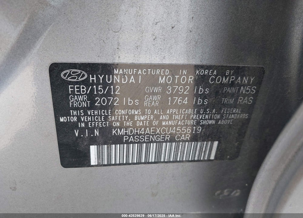 2012 HYUNDAI ELANTRA GLS (ULSAN PLANT) VIN: KMHDH4AEXCU455619