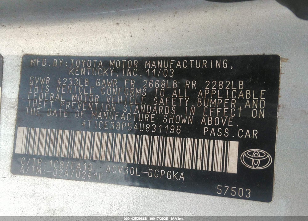 2004 TOYOTA CAMRY SOLARA SLE VIN: 4T1CE38P54U831196