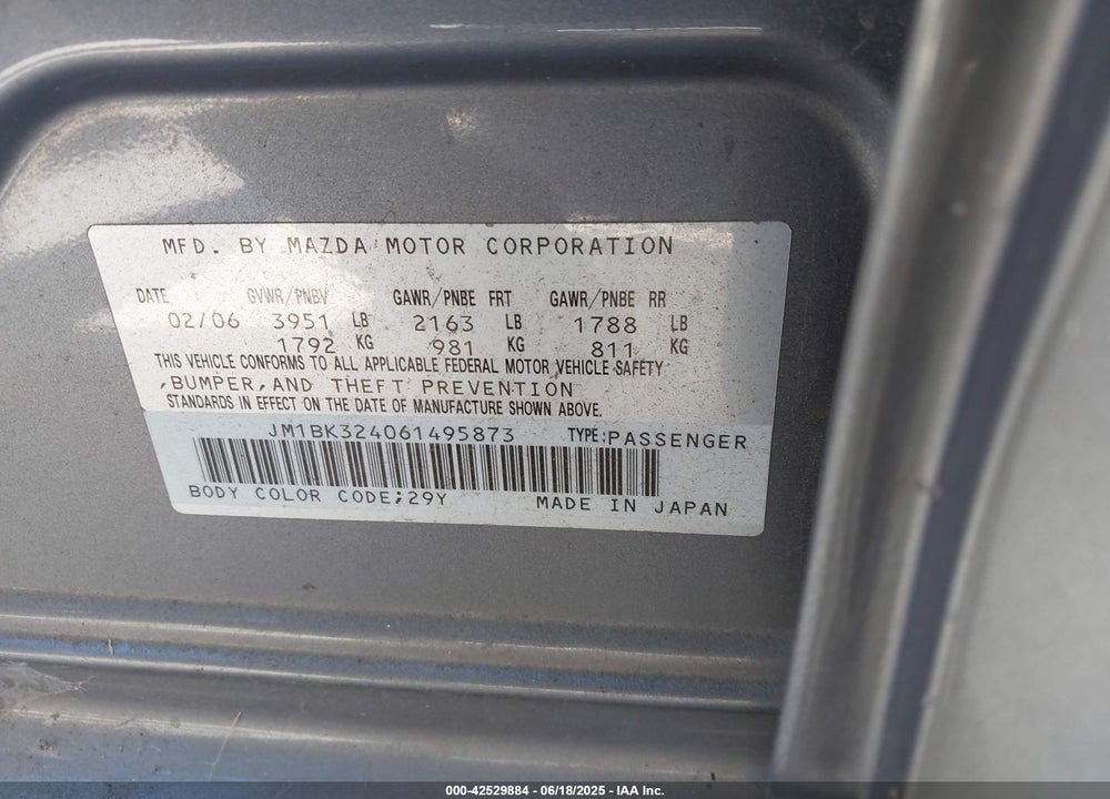 2006 MAZDA 3 S GRAND TOURING VIN: JM1BK324061495873
