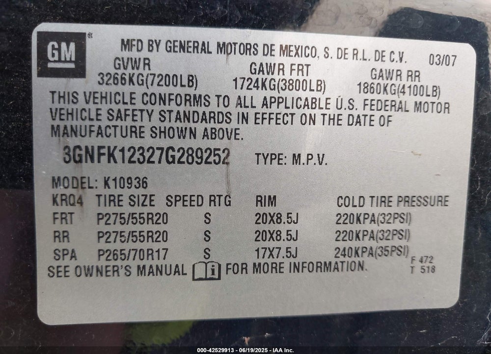 2007 CHEVROLET AVALANCHE 1500 LTZ VIN: 3GNFK12327G289252
