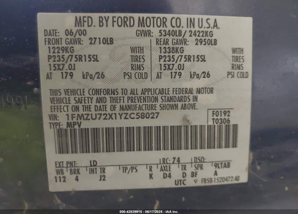 2000 FORD EXPLORER XLS VIN: 1FMZU72X1YZC58027