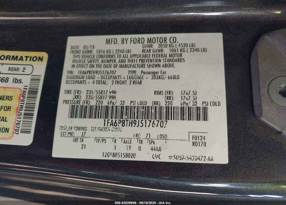 2018 FORD MUSTANG VIN: 1FA6P8TH9J5176707