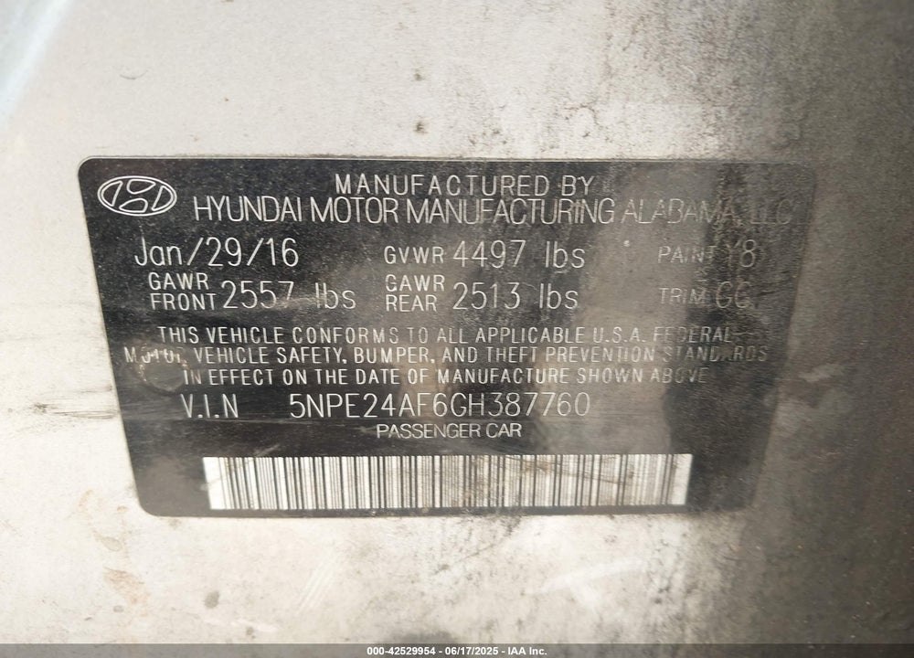2016 HYUNDAI SONATA VIN: 5NPE24AF6GH387760