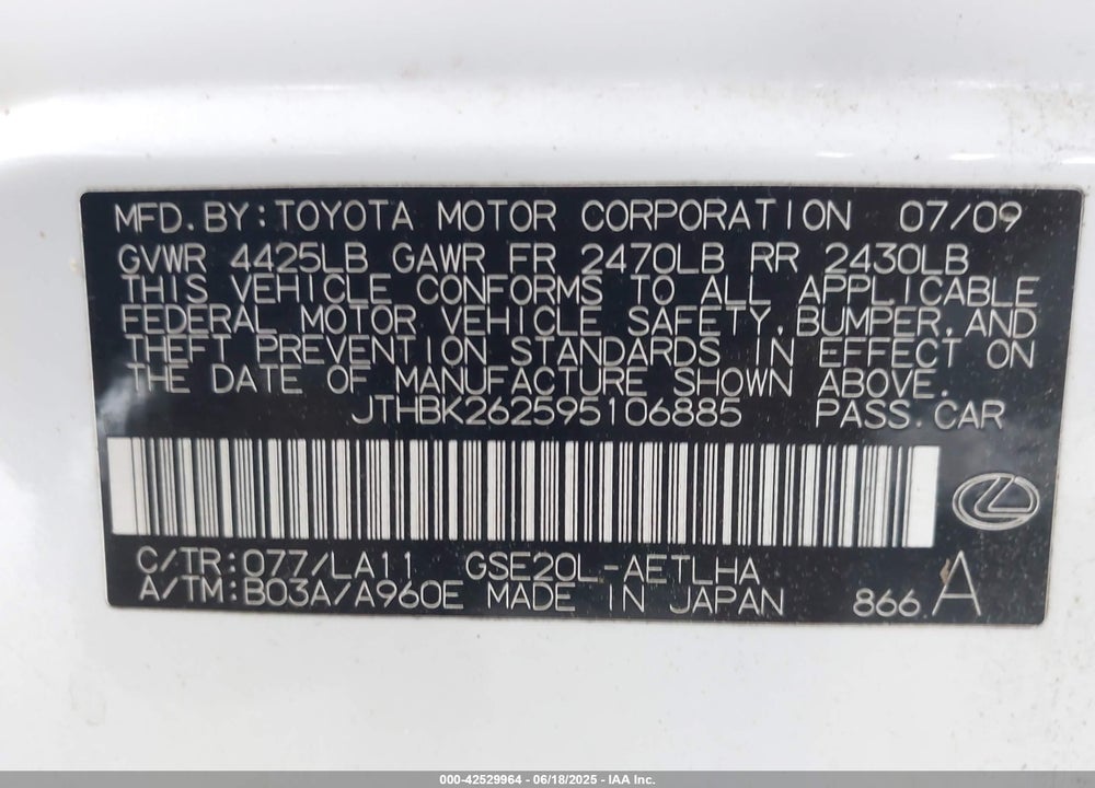 2009 LEXUS IS 250 VIN: JTHBK262595106885