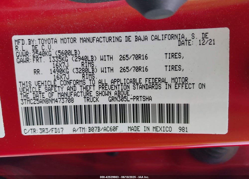 2022 TOYOTA TACOMA TRD OFF ROAD VIN: 3TMCZ5AN8NM473708