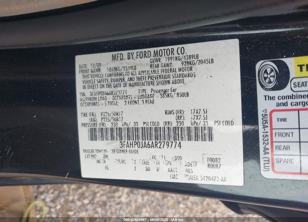 2010 FORD FUSION SEL VIN: 3FAHP0JA6AR279774