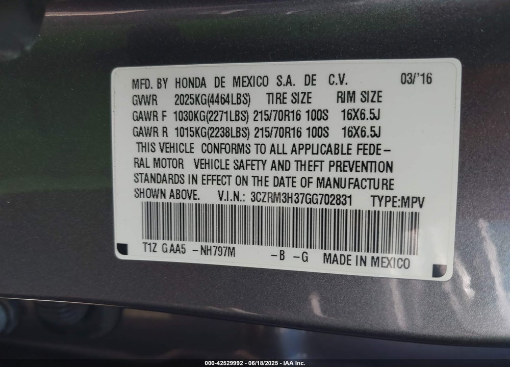 2016 HONDA CR-V VIN: 3CZRM3H37GG702831