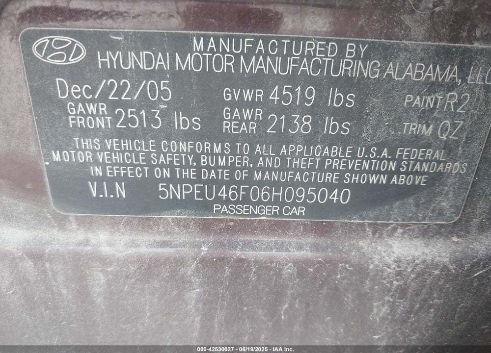 2006 HYUNDAI SONATA VIN: 5NPEU46F06H095040