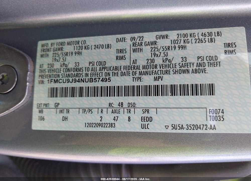 2022 FORD ESCAPE TITANIUM VIN: 1FMCU9J94NUB57495