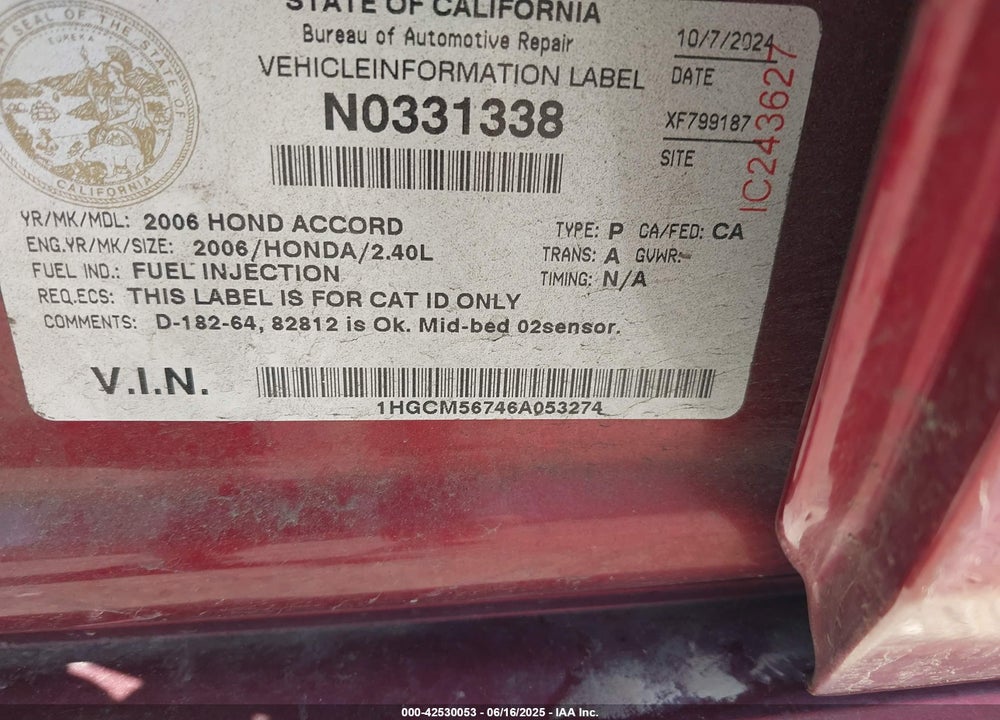 2006 HONDA ACCORD VIN: 1HGCM56746A053274