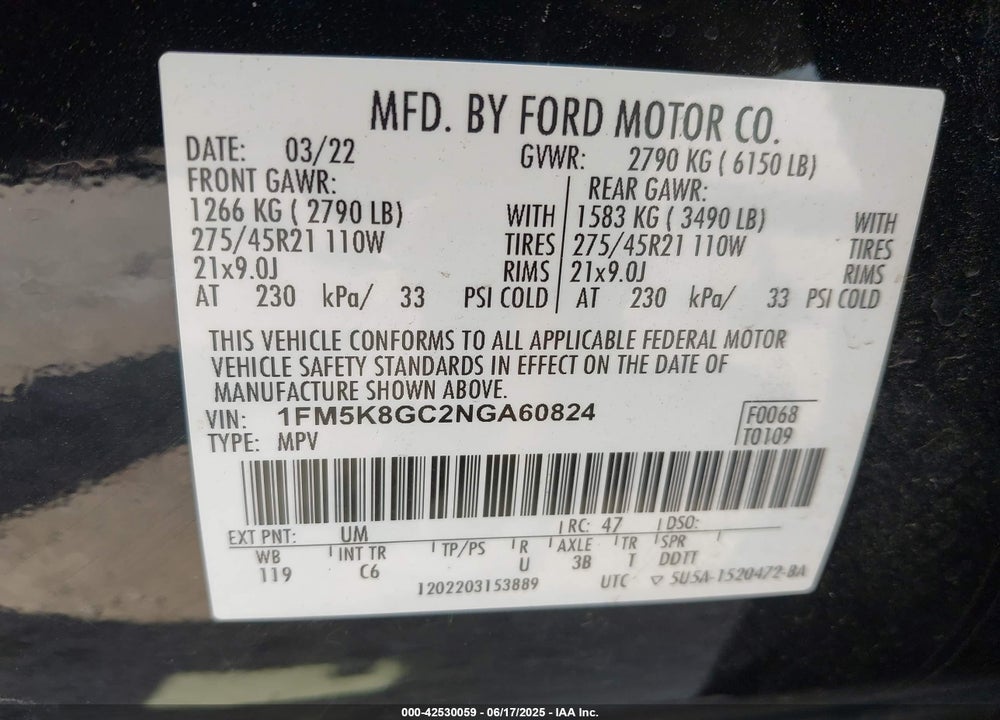 2022 FORD EXPLORER VIN: 1FM5K8GC2NGA60824