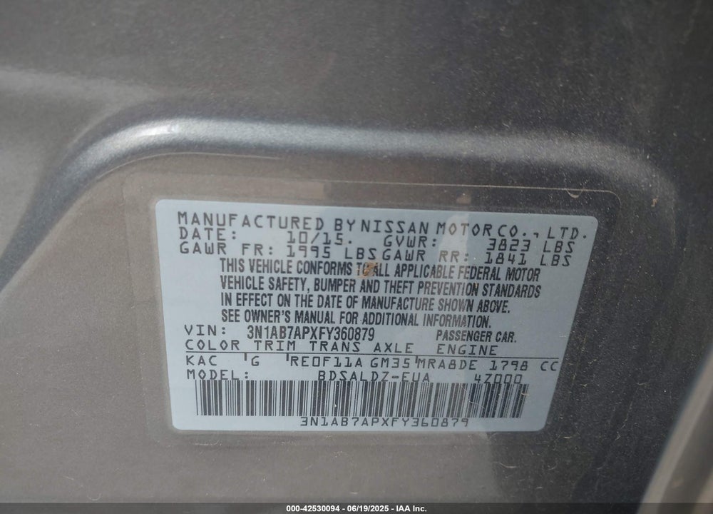 2015 NISSAN SENTRA VIN: 3N1AB7APXFY360879