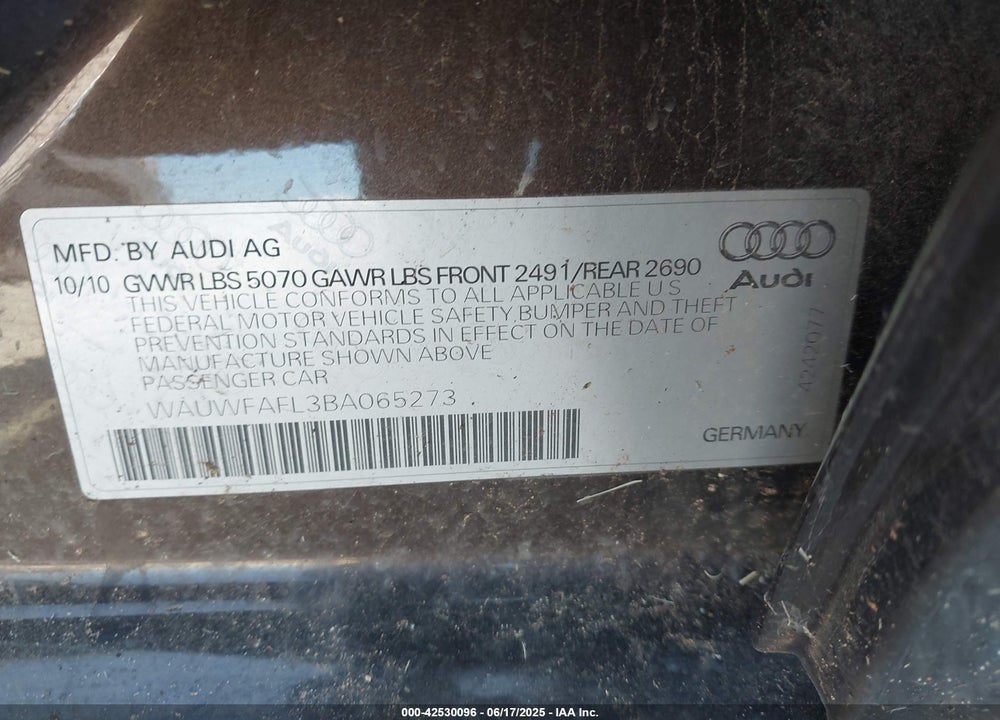2011 AUDI A4 VIN: WAUWFAFL3BA065273