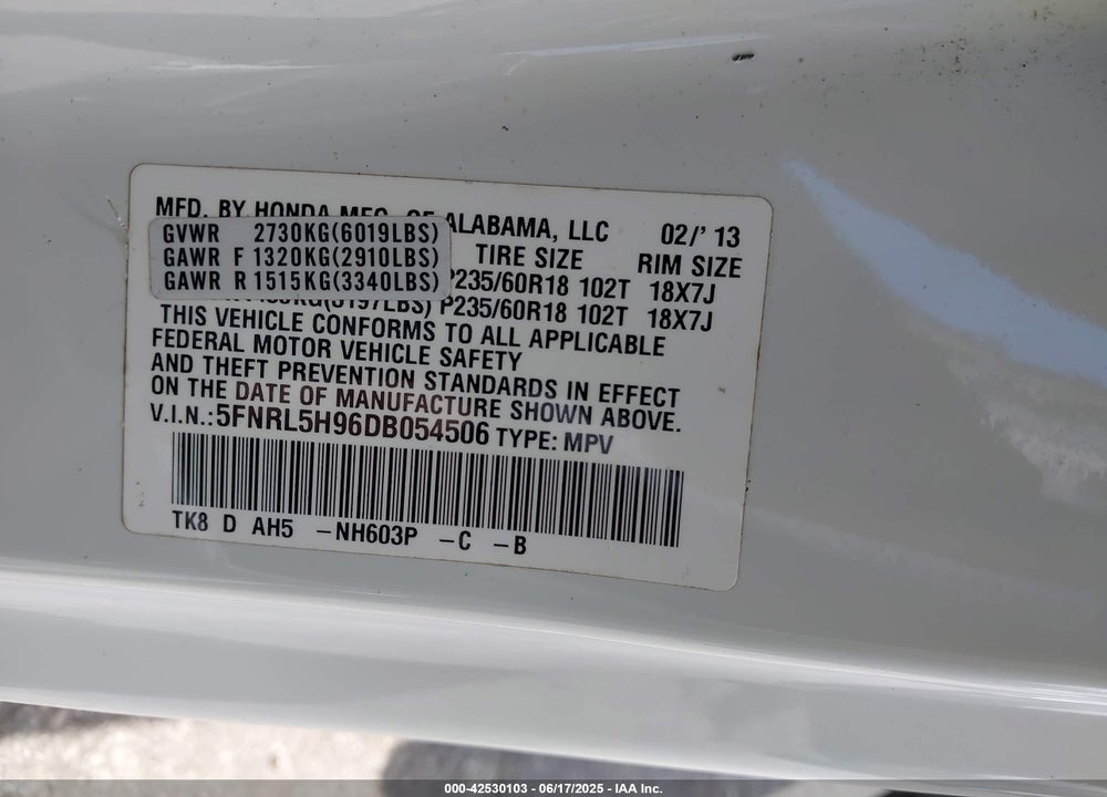 2013 HONDA ODYSSEY TOURING/TOURING ELITE VIN: 5FNRL5H96DB054506