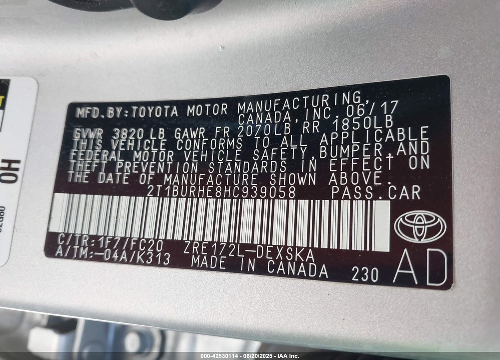 2017 TOYOTA COROLLA VIN: 2T1BURHE8HC939058