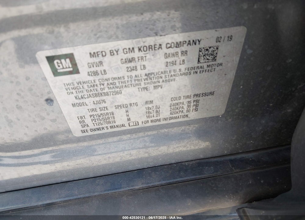 2019 BUICK ENCORE VIN: KL4CJASB6KB872960