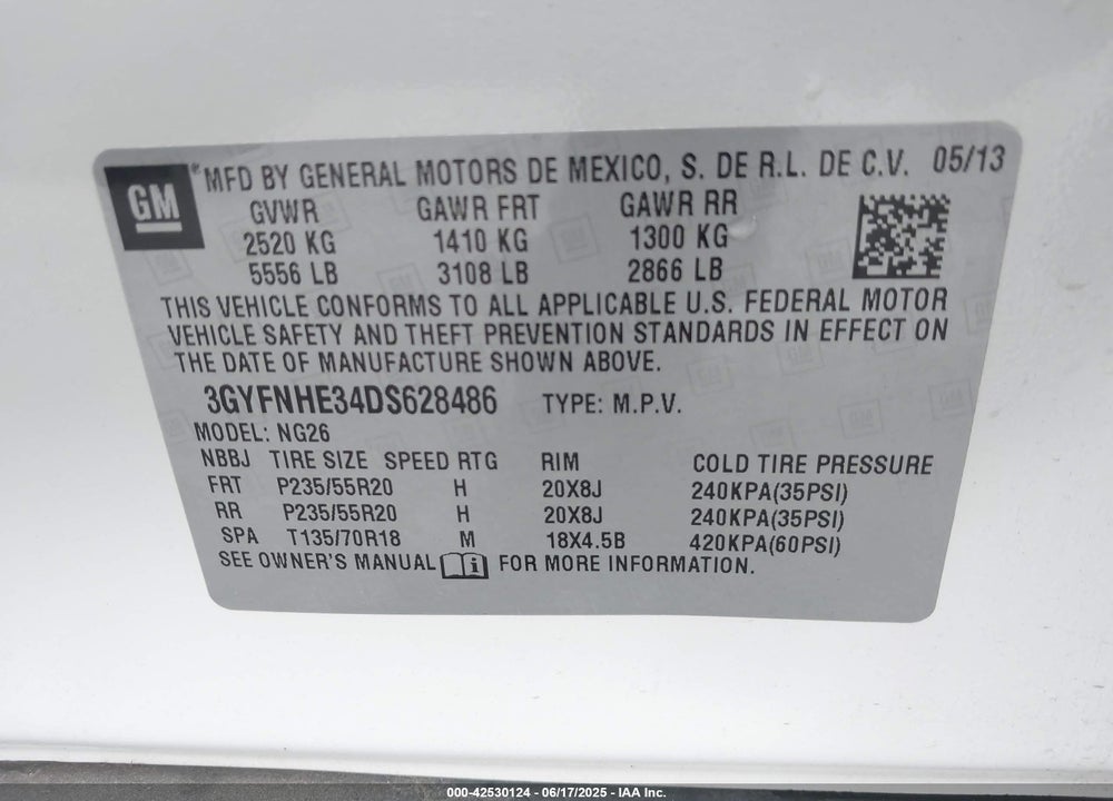2013 CADILLAC SRX VIN: 3GYFNHE34DS628486