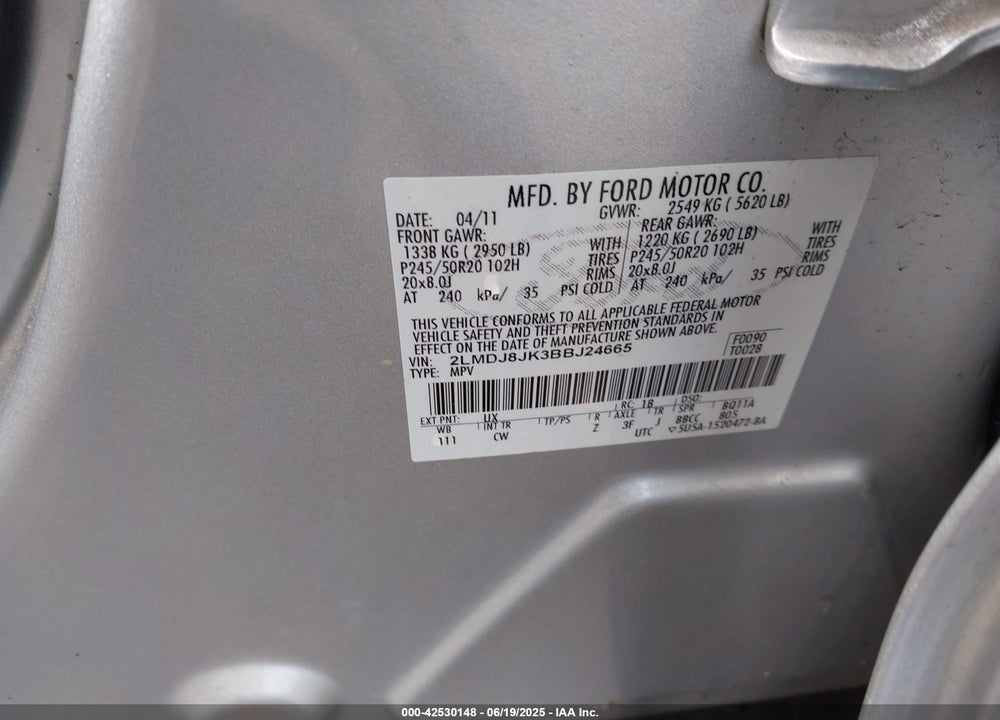 2011 LINCOLN MKX VIN: 2LMDJ8JK3BBJ24665
