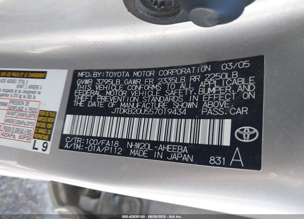 2005 TOYOTA PRIUS VIN: JTDKB20U557019434