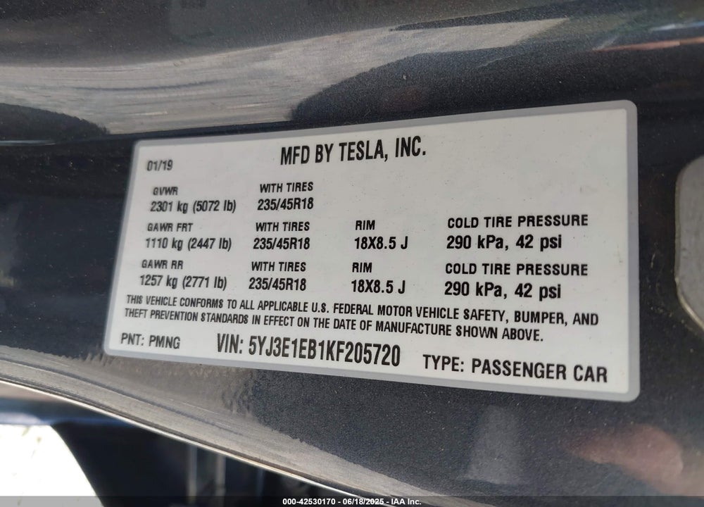 2019 TESLA MODEL 3 VIN: 5YJ3E1EB1KF205720