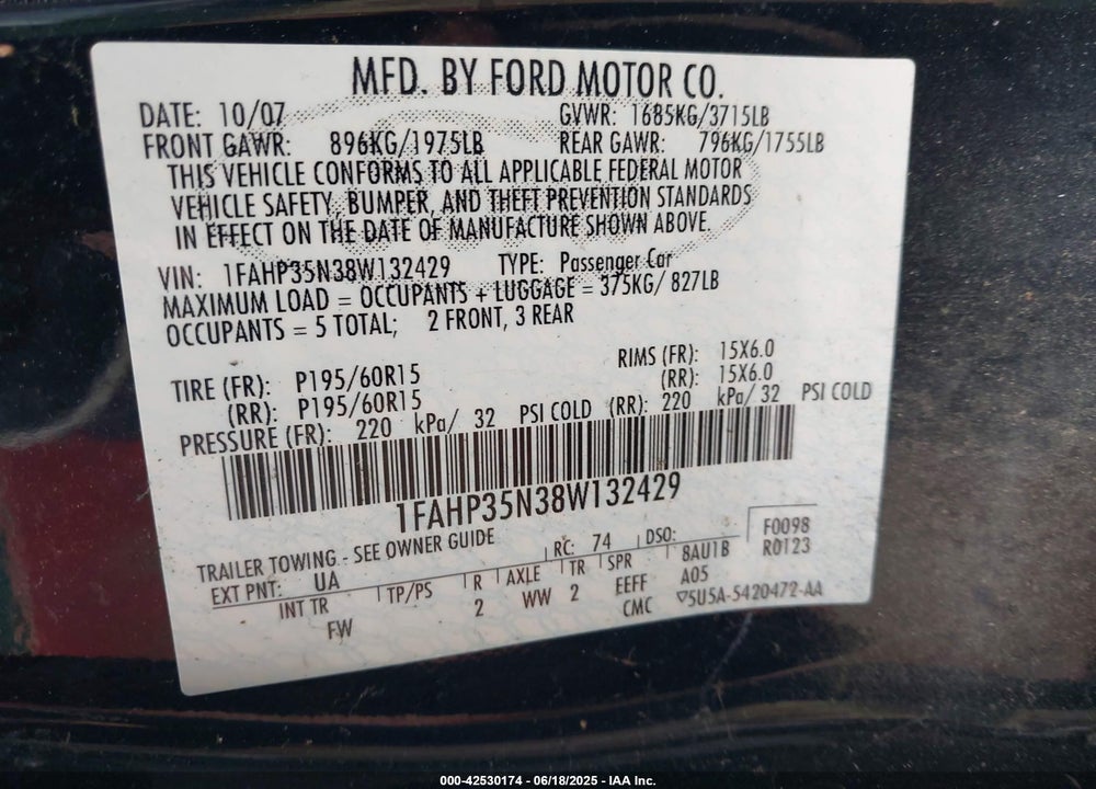 2008 FORD FOCUS SE/SES VIN: 1FAHP35N38W132429