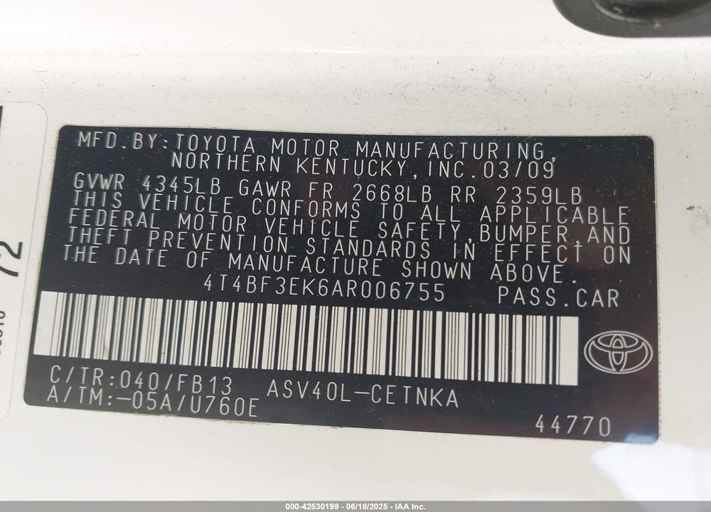 2010 TOYOTA CAMRY VIN: 4T4BF3EK6AR006755