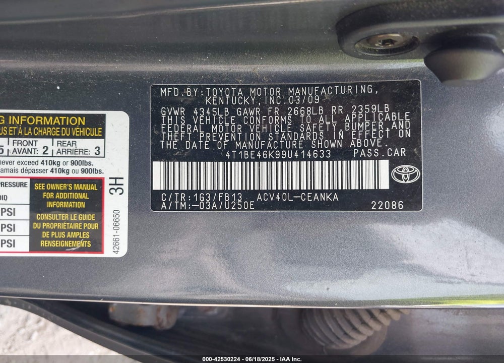 2009 TOYOTA CAMRY SE/LE/XLE VIN: 4T1BE46K99U414633