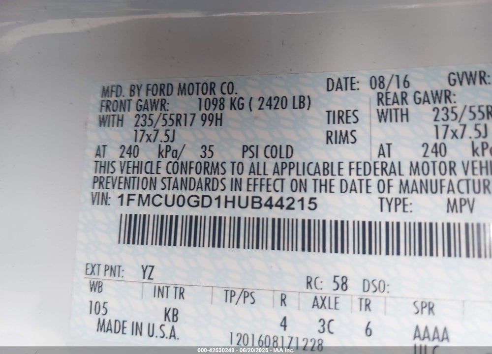 2017 FORD ESCAPE SE VIN: 1FMCU0GD1HUB44215