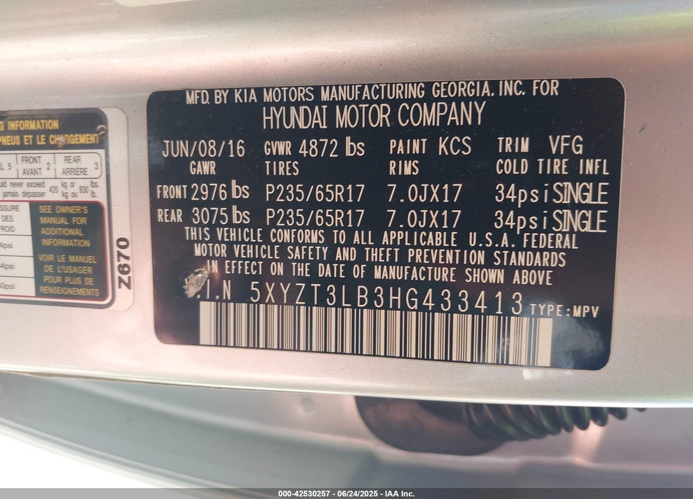 2017 HYUNDAI SANTA FE SPORT VIN: 5XYZT3LB3HG433413