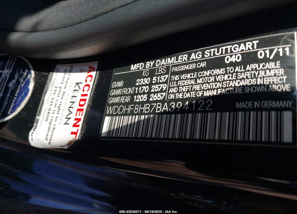 2011 MERCEDES-BENZ E-CLASS VIN: WDDHF8HB7BA394122