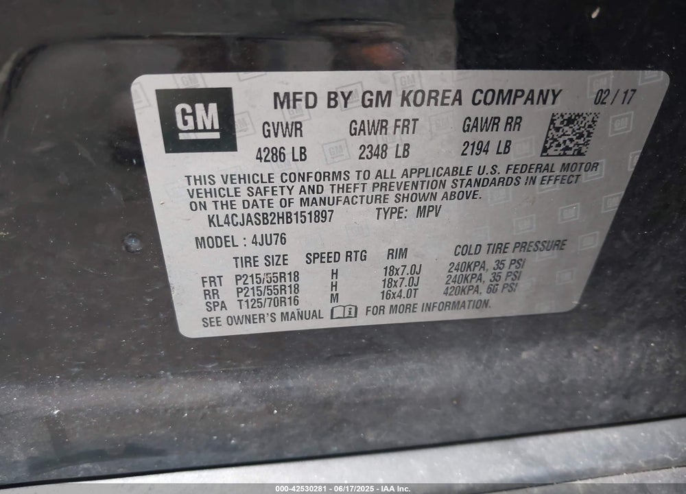 2017 BUICK ENCORE VIN: KL4CJASB2HB151897