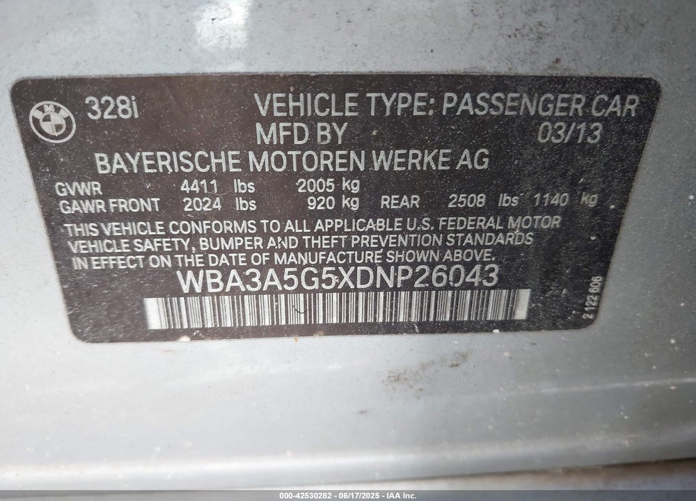 2013 BMW 328I VIN: WBA3A5G5XDNP26043