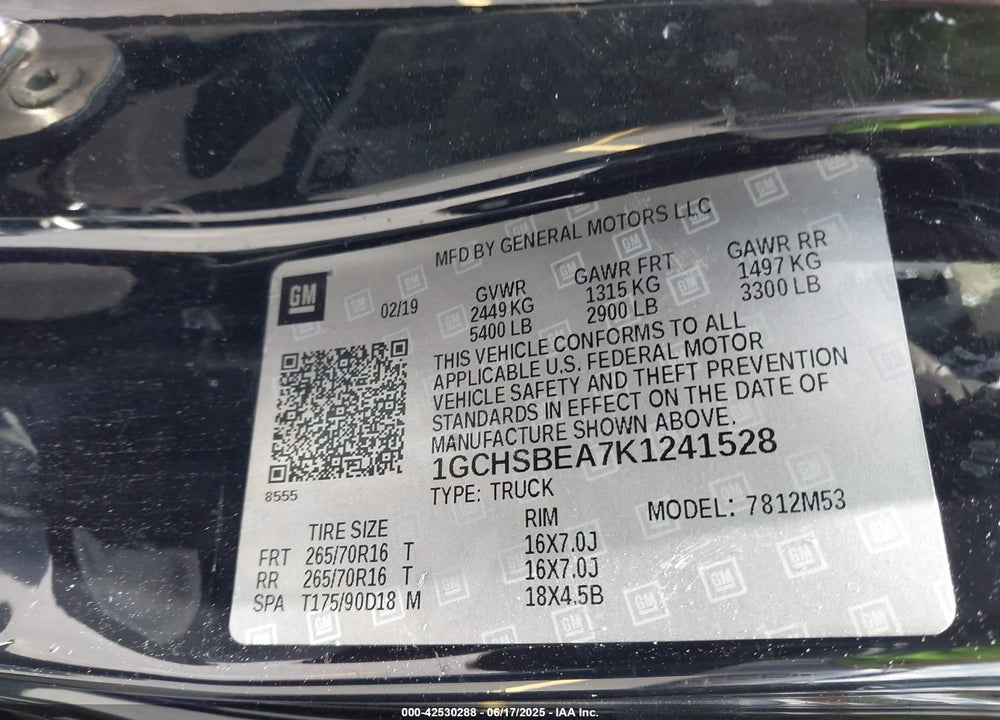 2019 CHEVROLET COLORADO VIN: 1GCHSBEA7K1241528