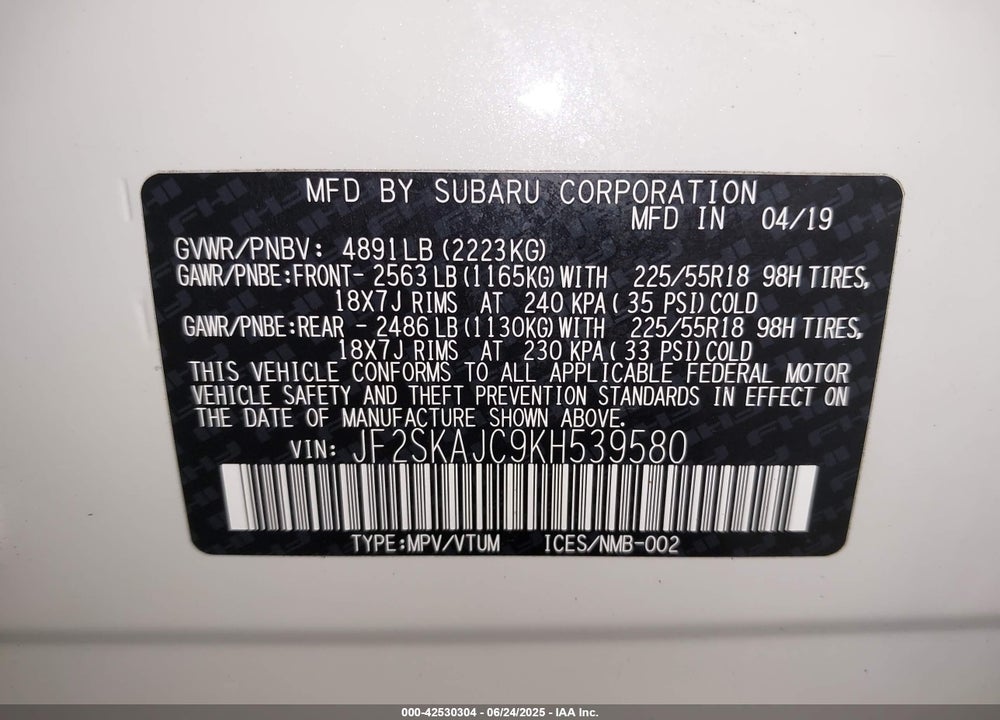 2019 SUBARU FORESTER VIN: JF2SKAJC9KH539580