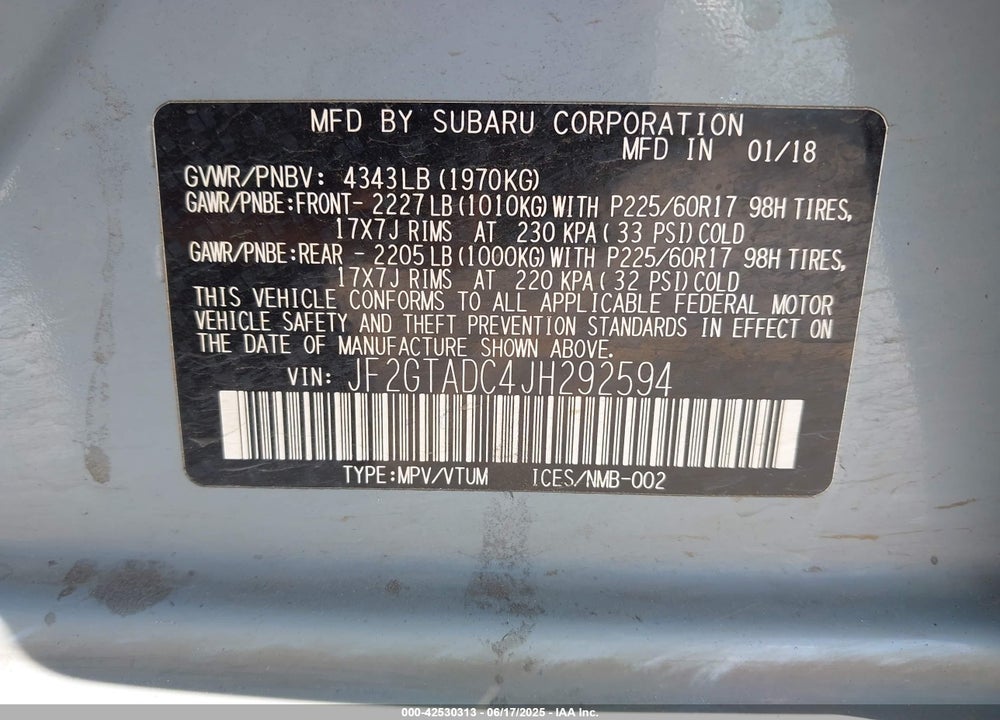 2018 SUBARU CROSSTREK VIN: JF2GTADC4JH292594