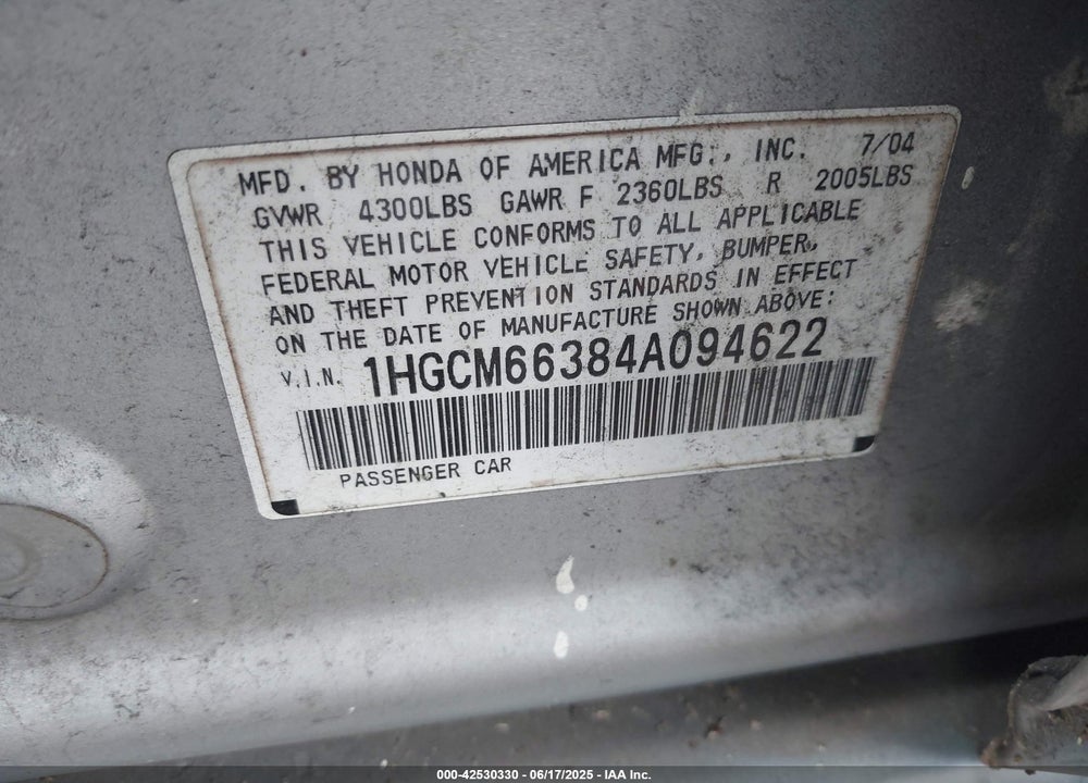 2004 HONDA ACCORD 3.0 LX VIN: 1HGCM66384A094622