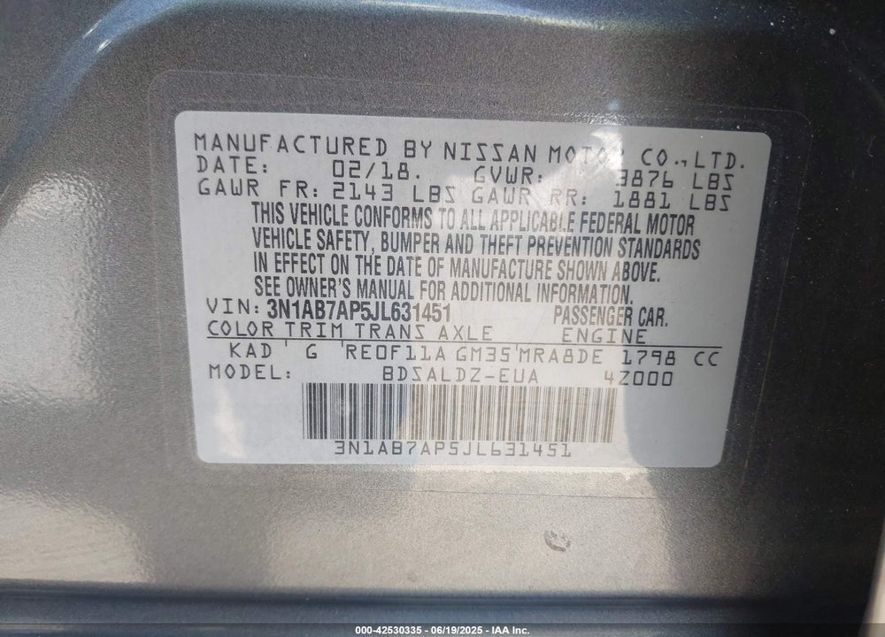 2018 NISSAN SENTRA VIN: 3N1AB7AP5JL631451