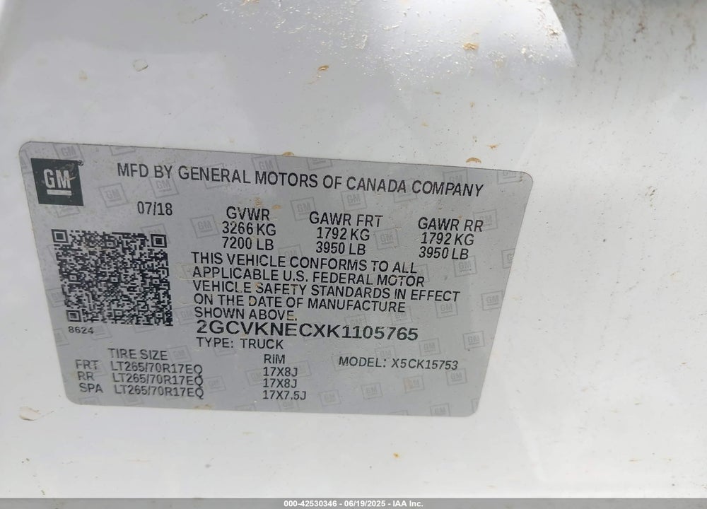 2019 CHEVROLET SILVERADO 1500 VIN: 2GCVKNECXK1105765