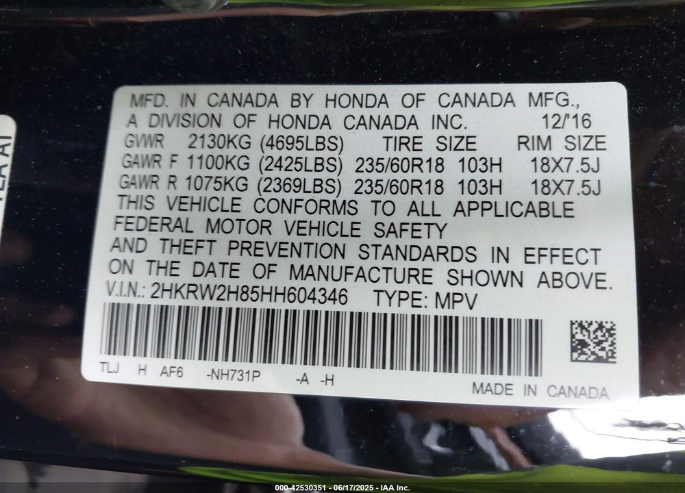 2017 HONDA CR-V VIN: 2HKRW2H85HH604346