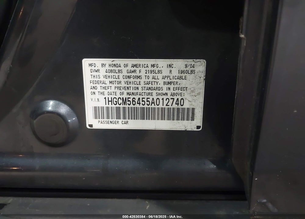 2005 HONDA ACCORD 2.4 LX VIN: 1HGCM56455A012740