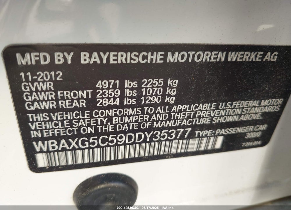 2013 BMW 528I VIN: WBAXG5C59DDY35377