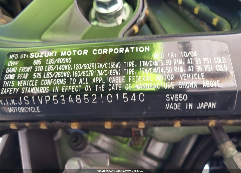 2005 SUZUKI SV650 VIN: JS1VP53A852101540