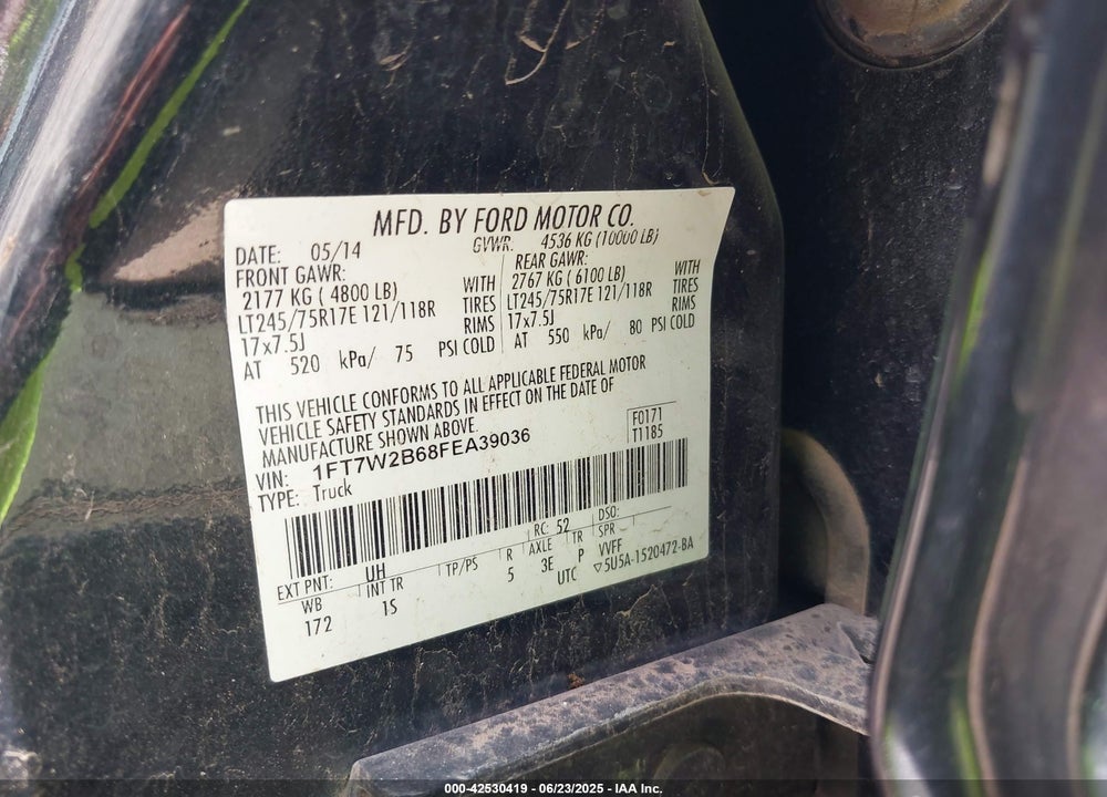 2015 FORD F-250 VIN: 1FT7W2B68FEA39036