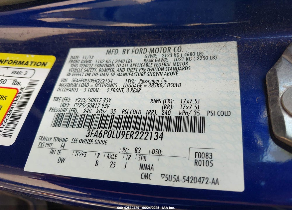 2014 FORD FUSION HYBRID VIN: 3FA6P0LU9ER222134