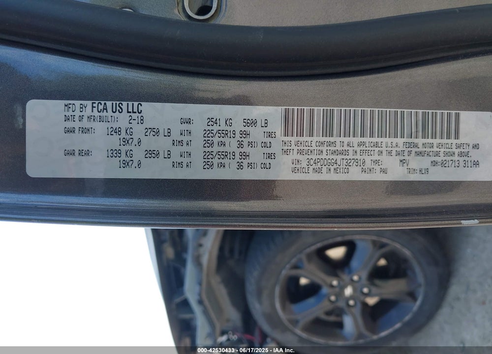 2018 DODGE JOURNEY VIN: 3C4PDDGG4JT327910