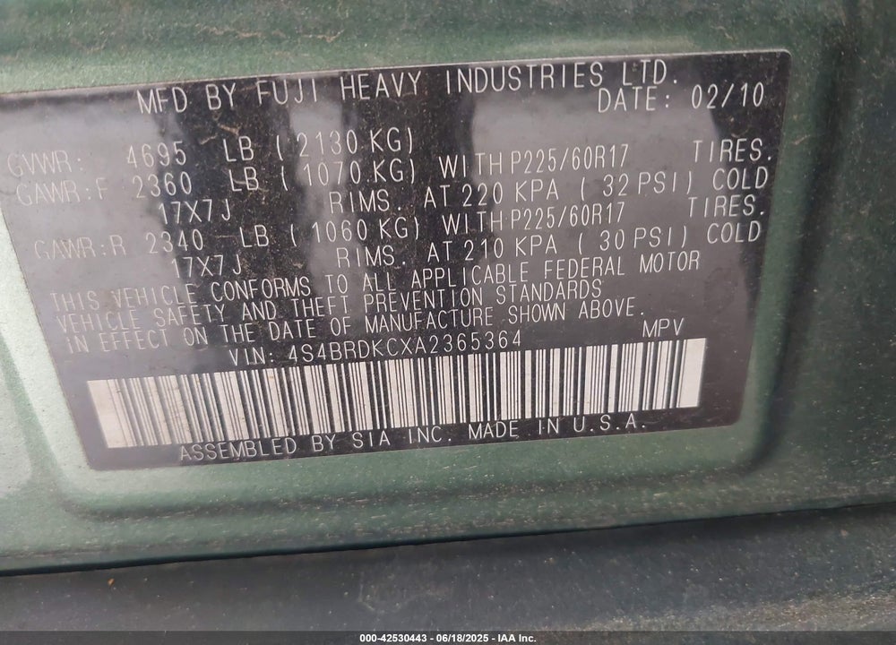 2010 SUBARU OUTBACK VIN: 4S4BRDKCXA2365364