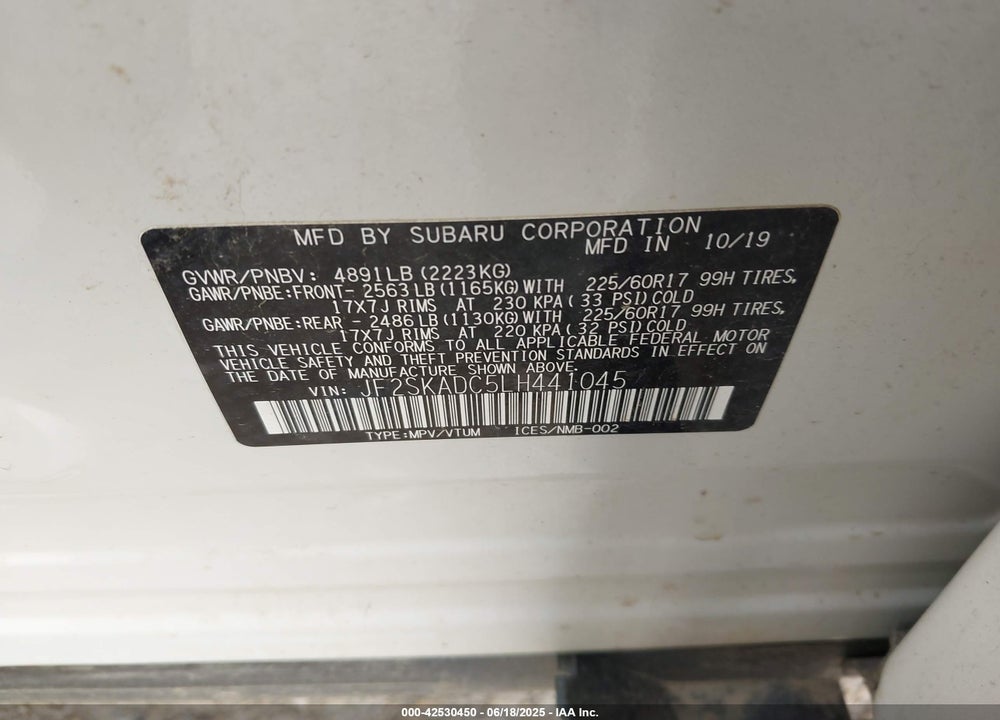 2020 SUBARU FORESTER VIN: JF2SKADC5LH441045
