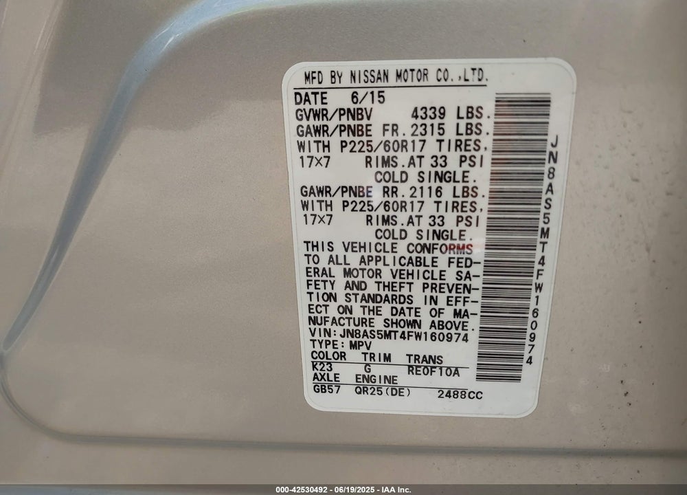 2015 NISSAN ROGUE SELECT VIN: JN8AS5MT4FW160974