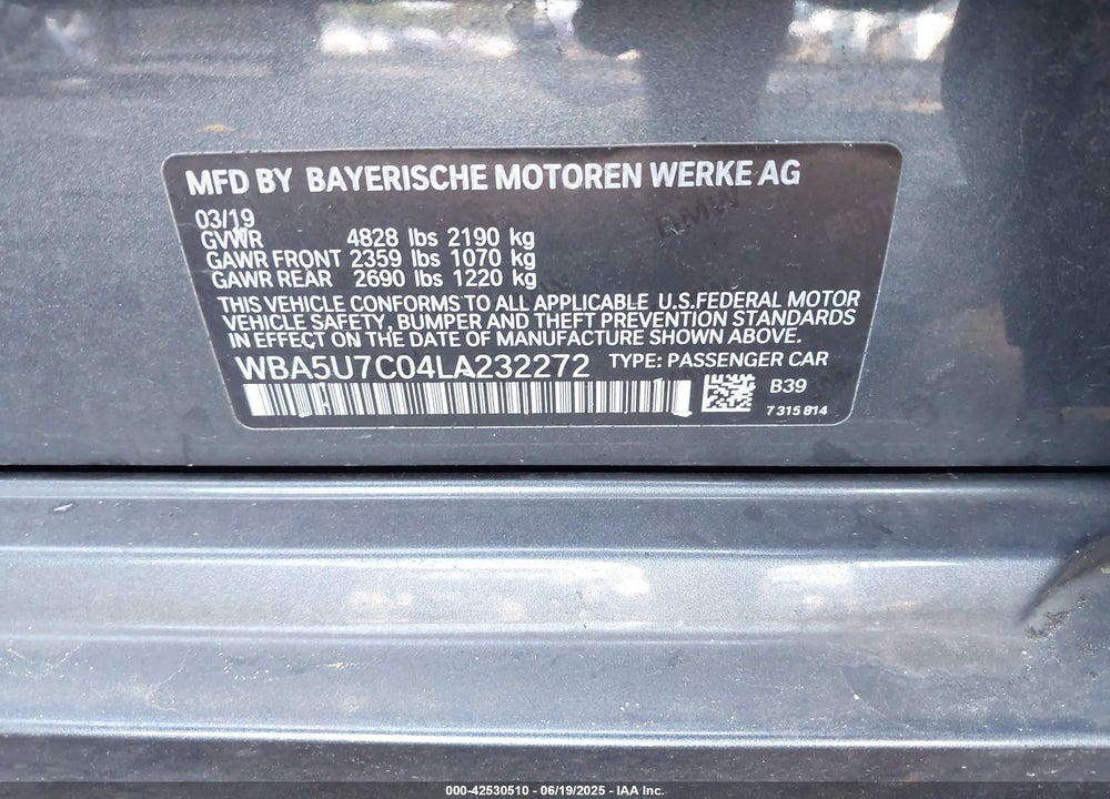 2020 BMW 3 SERIES VIN: WBA5U7C04LA232272