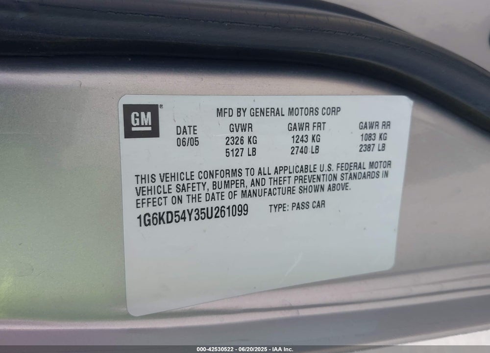 2005 CADILLAC DEVILLE VIN: 1G6KD54Y35U261099